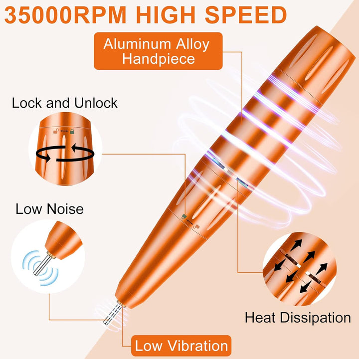 Electric Nail Drill - 35000RPM Professional Nail Drill Machine - Portable Rechargeable File Machine Set for Acrylic Gel Nails - NailSupply.com