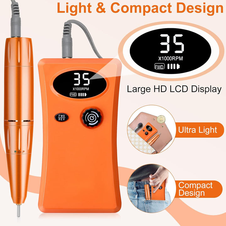 Electric Nail Drill - 35000RPM Professional Nail Drill Machine - Portable Rechargeable File Machine Set for Acrylic Gel Nails - NailSupply.com