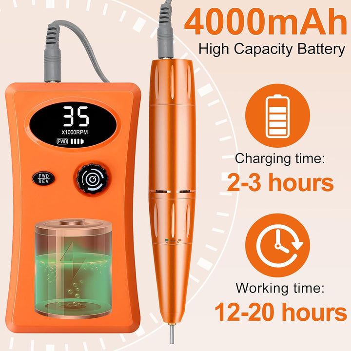 Electric Nail Drill - 35000RPM Professional Nail Drill Machine - Portable Rechargeable File Machine Set for Acrylic Gel Nails - NailSupply.com